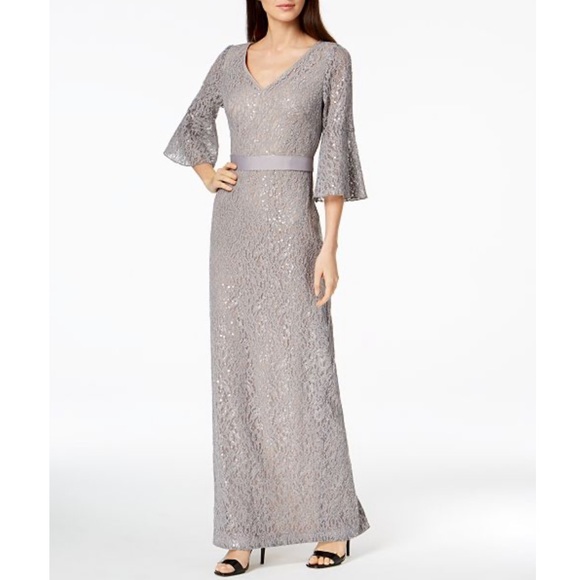 Calvin Klein Sequined Lace Bell Sleeve Long Dress - Picture 8 of 8